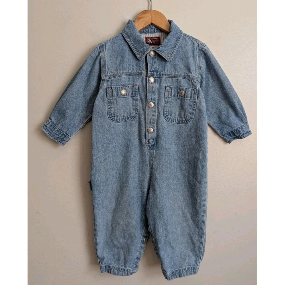 Vtg BABY GAP 90s Denim Utility Jumpsuit Coverall Romper Pocket Snap 18 24 Mo Y2K